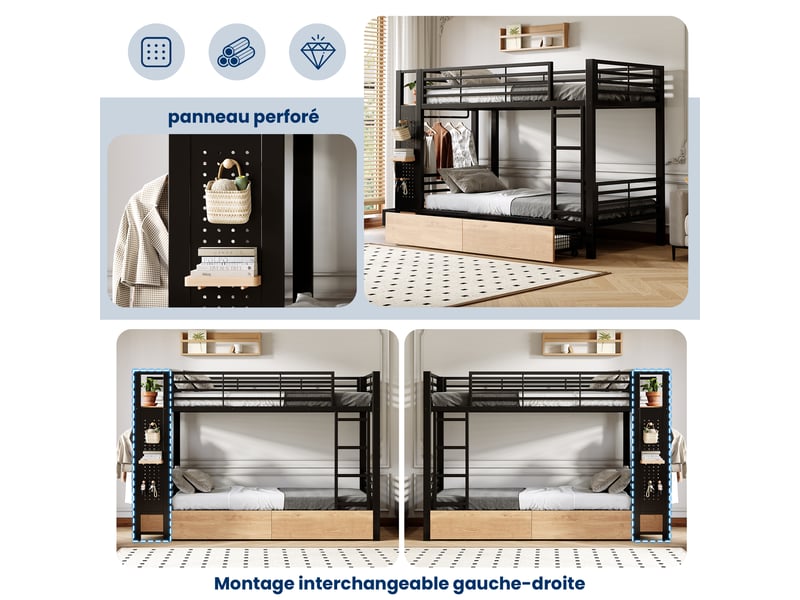  Lit superposé 90x200 cm, structure en fer, 4 tiroirs, rangements, bandeau led, panneau perforé, penderie, noir  - Conforama D