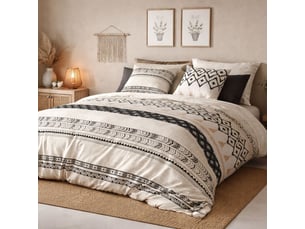 Parure housse de couette 260x240cm + 2 taies motif bohème écru et noir 100% coton - silesy
