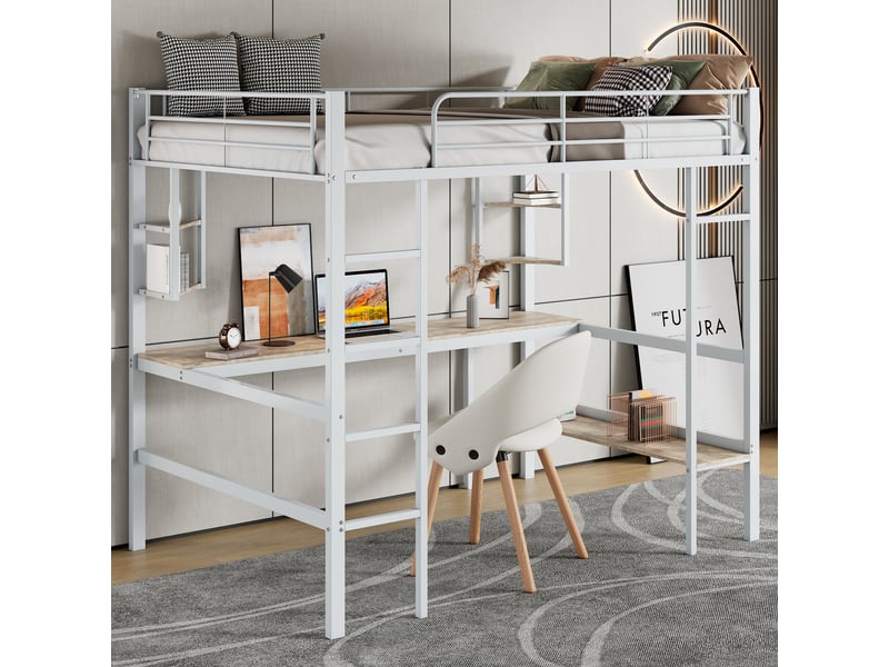 Lit mezzanine 90x200 cm avec étagères, structure acier, sommier, protection, métal + mdf, blanc, sans matelas - Conforama B