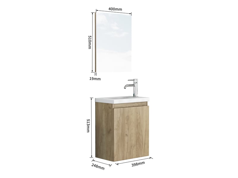  Meuble lavabo mural 40 cm en mdf bois clair avec vasque en céramique et miroir, idéal pour petite salle de bains  - Conforama C