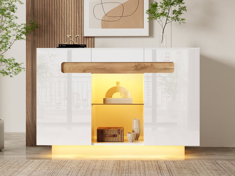  Buffet blanc et bois naturel 120x40x80 cm, meuble bas moderne avec étagères en verre et led intégré pour salon ou cuisine  - Conforama W