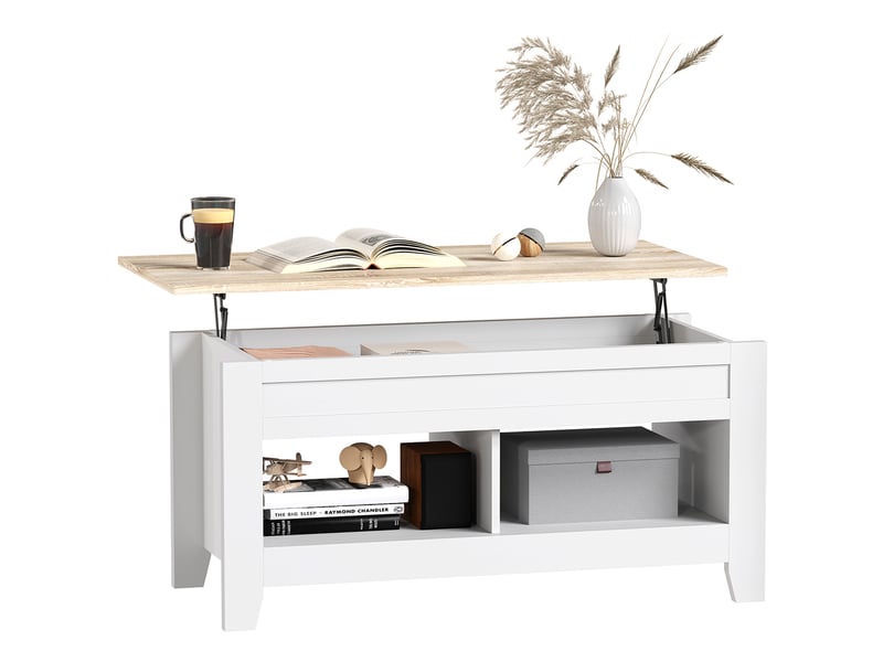 Table basse avec mécanisme de levage, espace de rangement intégré, 105 x 50 x 49 cm, blanc et naturel - Conforama A