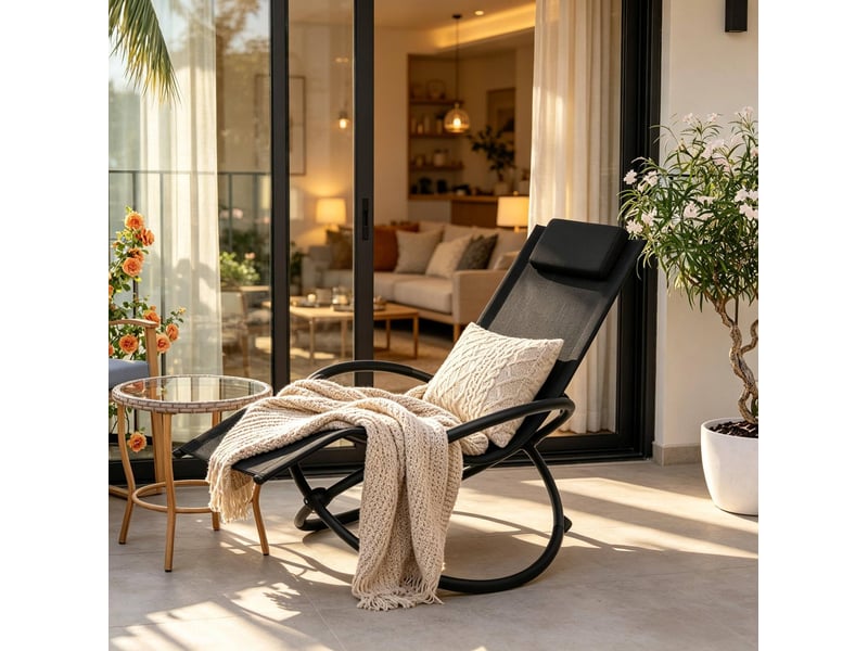  Transat à bascule en textilène 143,5 x 66 x 86 cm – noir – coussin amovible et accoudoirs rembourrés  - Conforama E