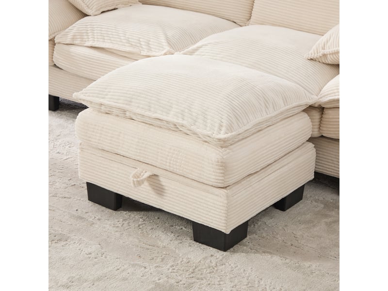 Canapé d'angle 4 places en velours côtelé beige avec usb-c et rangement intégré sous les poufs - Conforama R