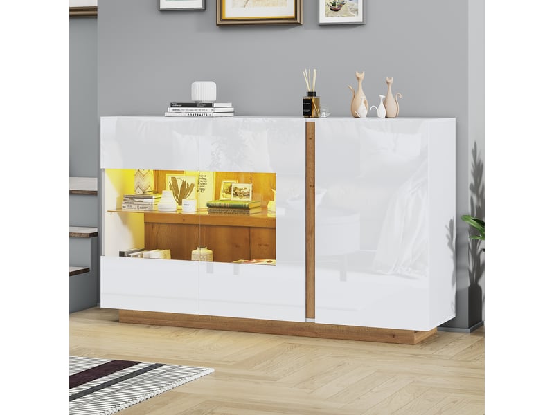  Buffet avec 3 portes et éclairage led, façades laquées brillantes et verre, pour salon ou chambre, blanc, 138 × 38.5 × 90.5 cm  - Conforama C