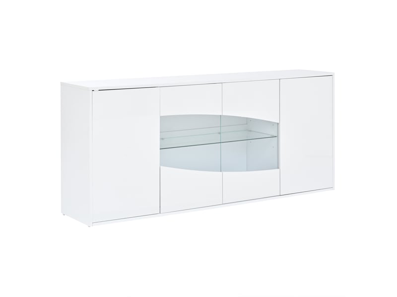  Buffet 160x35x70 cm à 4 portes avec éclairage led rgb, en mdf, coloris blanc finition haute brillance, design moderne  - Conforama A