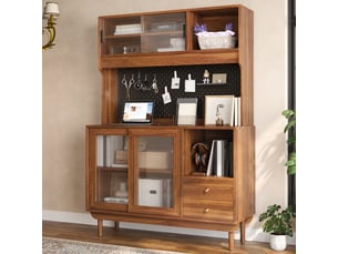 Buffet de cuisine 117x30x170 cm - 4 portes et 2 tiroirs, portes vitrées coulissantes, étagères ouvertes, panneau perforé - noyer