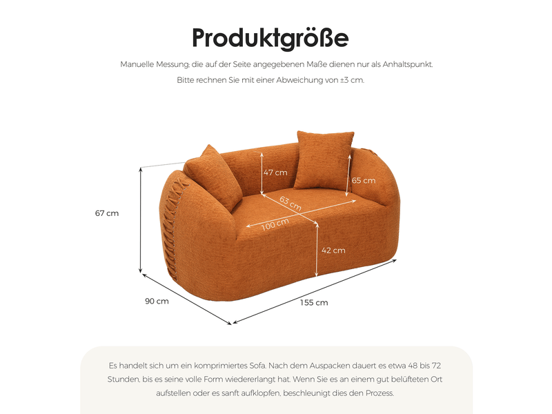  Canapé droit 2 places au design courbe en tissu orange, comprimé sous vide avec coussins, sans montage  - Conforama C