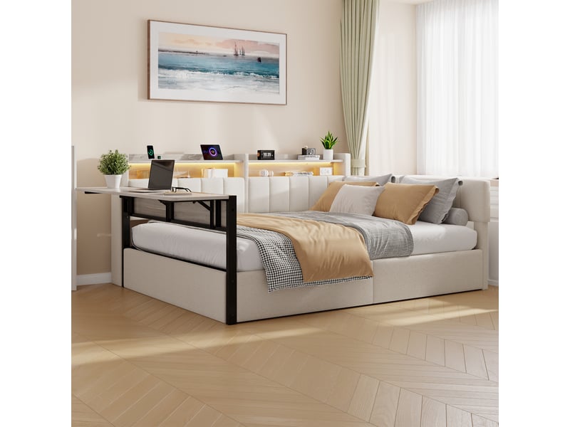 Lit de repos capitonné 140x200cm avec led,usb,rangement hydraulique,tablette rabattable,tables de chevet,velours,sans matelas,blanc - Conforama W