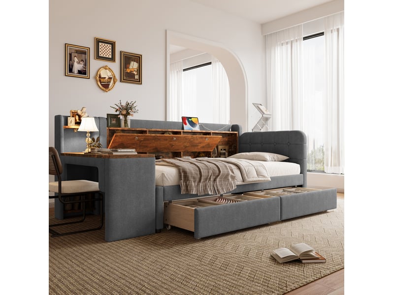  Lit simple 90x200 cm avec bureau et 2 tiroirs en lin et mdf gris  - Conforama D