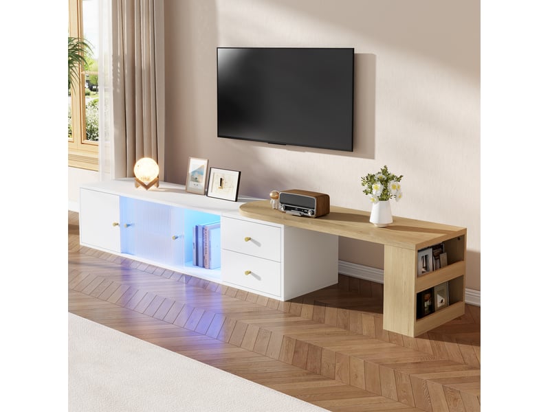  Meuble tv extensible 175 x 40 x 38 cm avec led rgb, 2 tiroirs, blanc et bois  - Conforama D