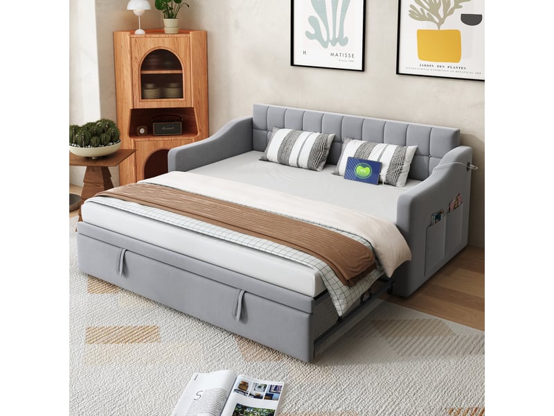  Canapé-lit convertible 90/180x190 cm, velours gris clair, ports usb, sans matelas  - Conforama B