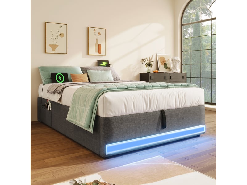  Modenvie lit coffre 90x200 cm - avec led multicolore, ports usb et usb-c, rangement hydraulique - gris  - Conforama D