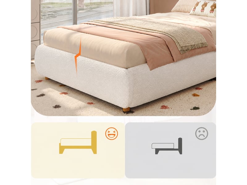  Lit enfant 90 x 200 cm avec coffre hydraulique et sommier à lattes, tissu bouclé beige  - Conforama R