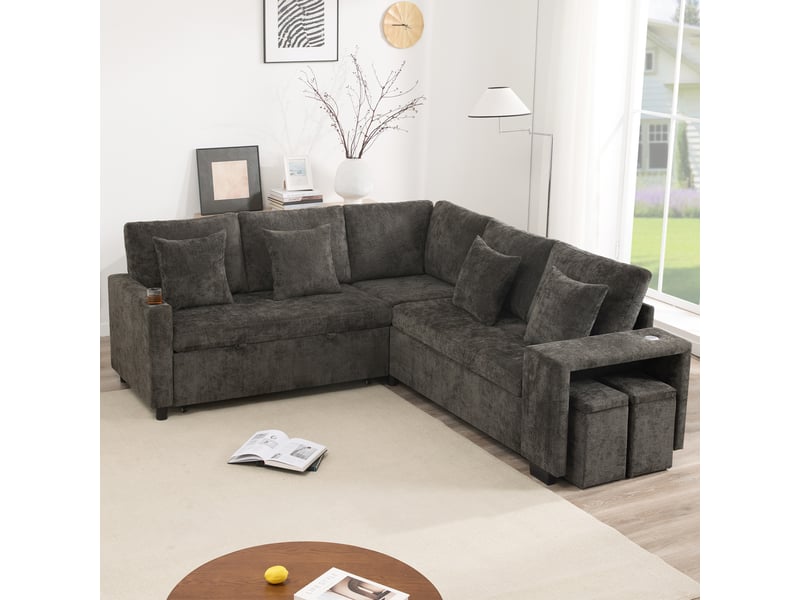 Canapé d'angle convertible gris, canapé en l 5 places avec coffre de rangement, ports usb et porte-gobelets pour salon, 220x205cm - Conforama E