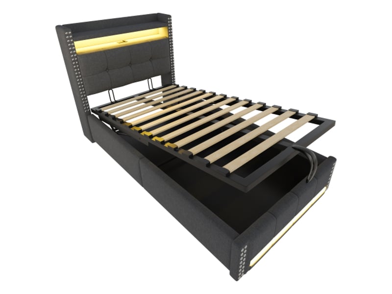  Lit coffre 90x200 cm, lit enfant avec éclairage led, prise usb et étagères de rangement, tissu en lin gris clair, sans matelas  - Conforama E
