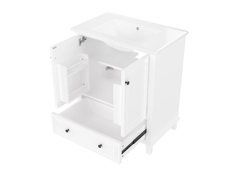  Meuble vasque salle de bain blanc 76 cm avec lavabo céramique intégré, pieds bois massif et grand rangement  - Conforama A