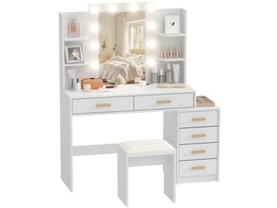 Coiffeuse 6 tiroir(s) Miroir Led avec 1 tabouret(s) inclu(s)  <strong>PANGIVO</strong> <strong></strong>  coloris blanc