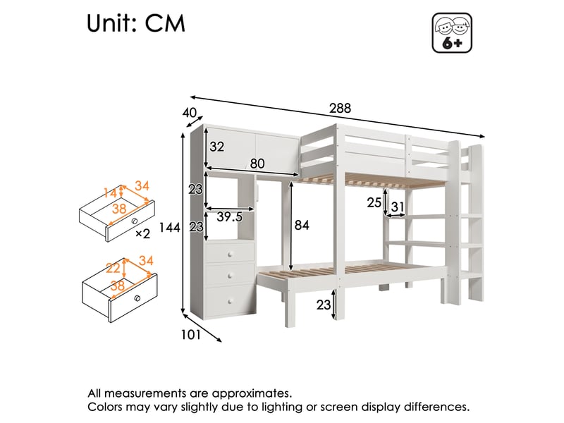  Lit superposé 90x200 cm avec armoire et tiroirs, veilleuse led, lit superposé avec rangements, bois massif blanc  - Conforama C