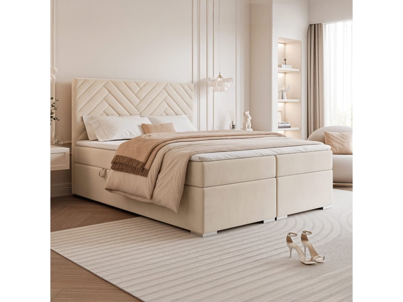 Lit coffre nerea - 200x200 cm - avec matelas et surmatelas - velours dense - crème NEREA - Conforama B