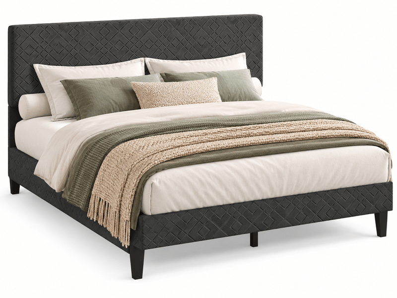 Cadre de lit double 160x200 cm avec sommier à lattes en bois, lit rembourré avec tête de lit capitonné, 2 personnes2 places, rangement sous le lit, pour adultes et adolescents, facile à assembler, chambre, structure de lit queen… - Conforama A