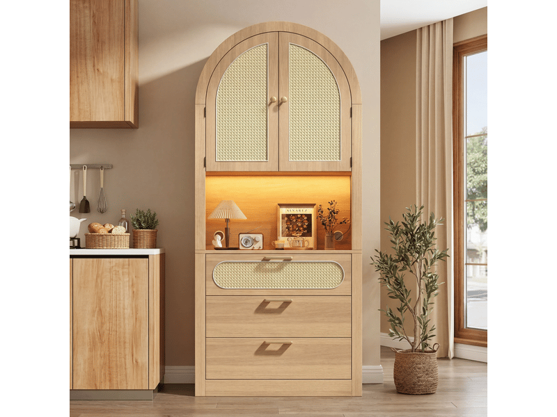  Buffet haut arqué 80x35x180 cm meuble de rangement avec 2 portes effet cannage, niche led multicolore, 3 tiroirs, mdf,pb, effet chêne clair  - Conforama B