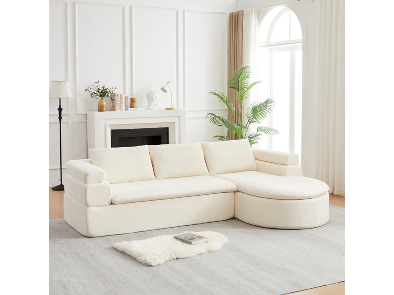 Canapé d’angle 3 places en chenille crème, méridienne arrondie Fay Lum - Conforama B