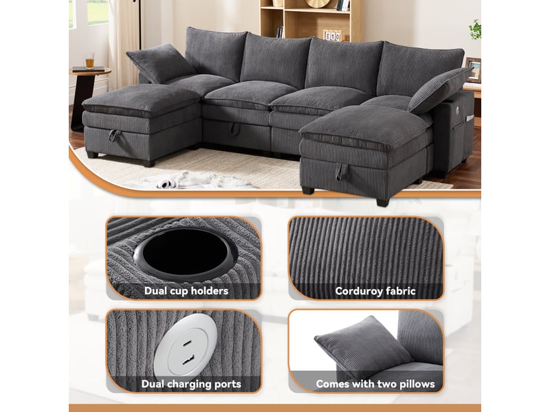 Canapé d’angle en l 6 places 280x152x83 cm avec pouf amovible, usb, rangements et porte-gobelets pour salon petit espace, velours côtelé, gris Sol Morn - Conforama E