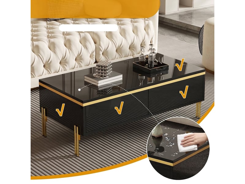  Table basse noire brillante 100x50x36 cm avec tiroirs cachés et pieds en métal  - Conforama E