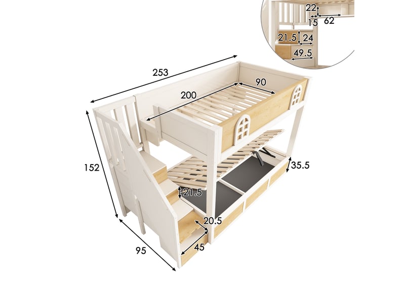 Lit superposé enfant 90x200 cm, lit cabane gain de place avec escalier de rangement et coffre hydraulique, blanc et naturel - Conforama E