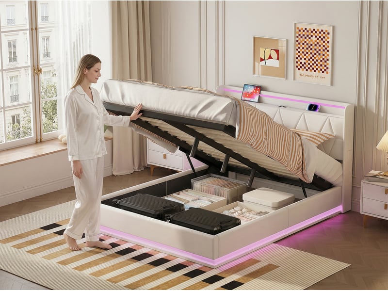 Lit coffre 160x200 cm avec tête de lit - leds - coloris blanc - sommier à lattes et espace de rangement - Conforama E