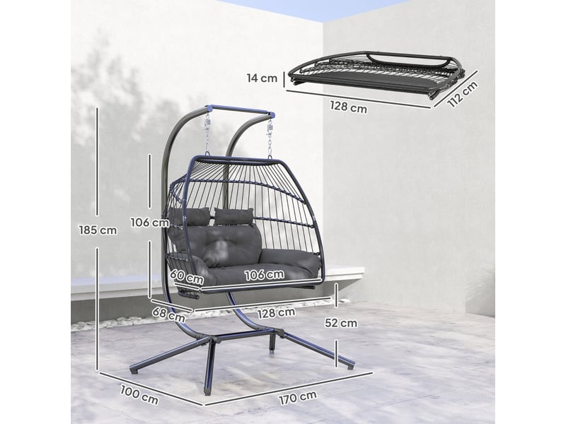  Banc de jardin fauteuil suspendu 2 personnes charge jusqu’à 260 kg structure acier thermolaqué stabilité triangulaire au sol rotin synthétique dossier en tressage de corde forme ergonomique coussin en mousse épaisse  - Conforama D