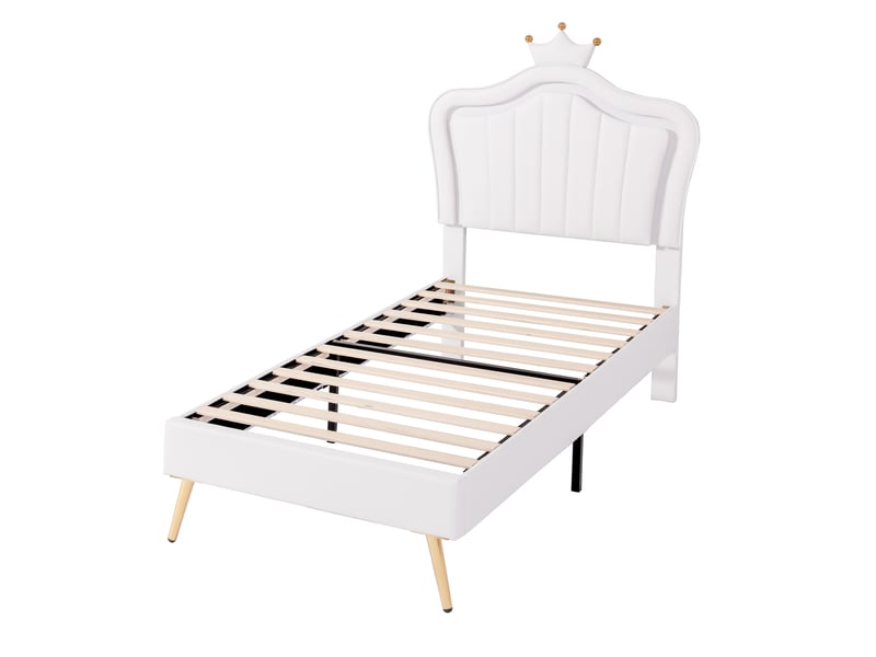 Lit enfant rembourré blanc 90 x 200 cm, pu, tête de lit couronne avec led, sommier à lattes  - Conforama D