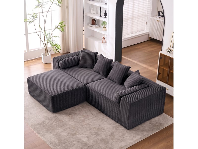  Canapé modulable d'angle compressé 217x110x60 cm 3 places en mousse, pour salon, design moderne, velours côtelé, noir  - Conforama B