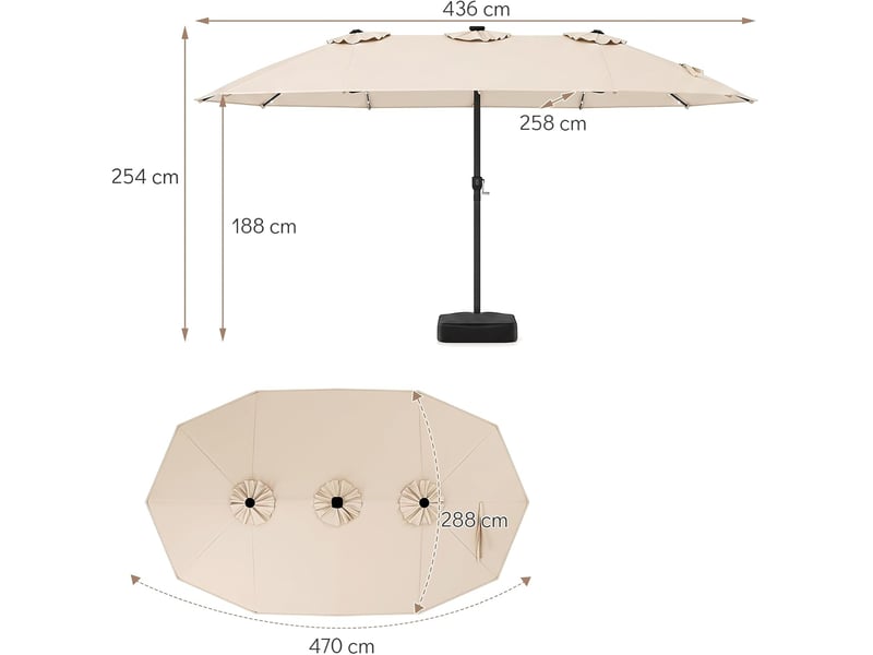 Parasol double à 12 baleines (beige, 4,36 x 2,58 m, avec pied et led) | parasol rectangulaire avec manivelle, 144 led solaires, 12 modes  - Conforama B