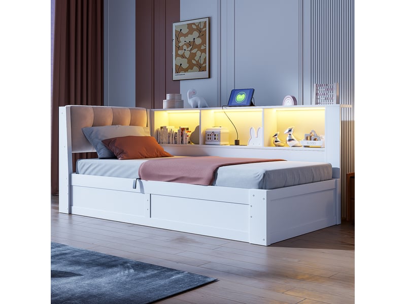 Lit coffre 90 × 200 cm avec rangement hydraulique, étagère à trois niches, port usb et éclairage led réglable, blanc  - Conforama E