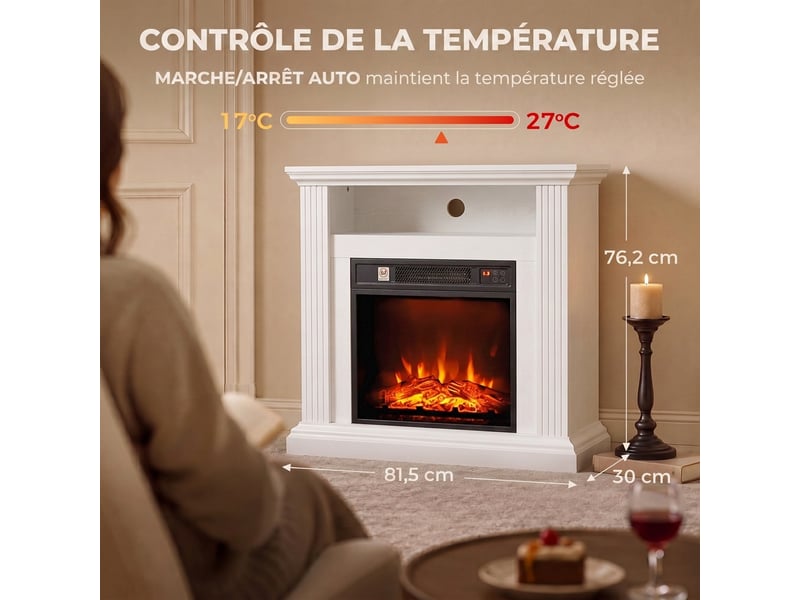  Cheminée électrique 1800 w, effet flamme à 3 niveaux de luminosité, fausse cheminée avec manteau, effet bois blanc  - Conforama C