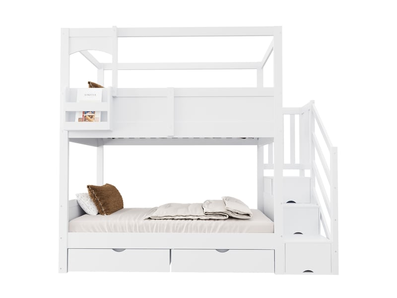  Lit superposé enfant 90x200 cm - lit superposé bois avec rangement, échelle et 2 tiroirs - design maison - blanc  - Conforama A