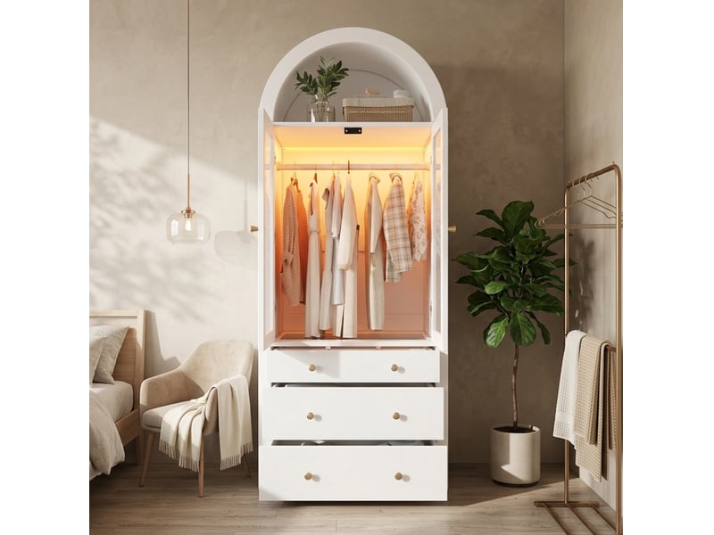  Armoire 80x50x200 cm cintrée avec led, portes vitrées et 3 tiroirs blanche  - Conforama E