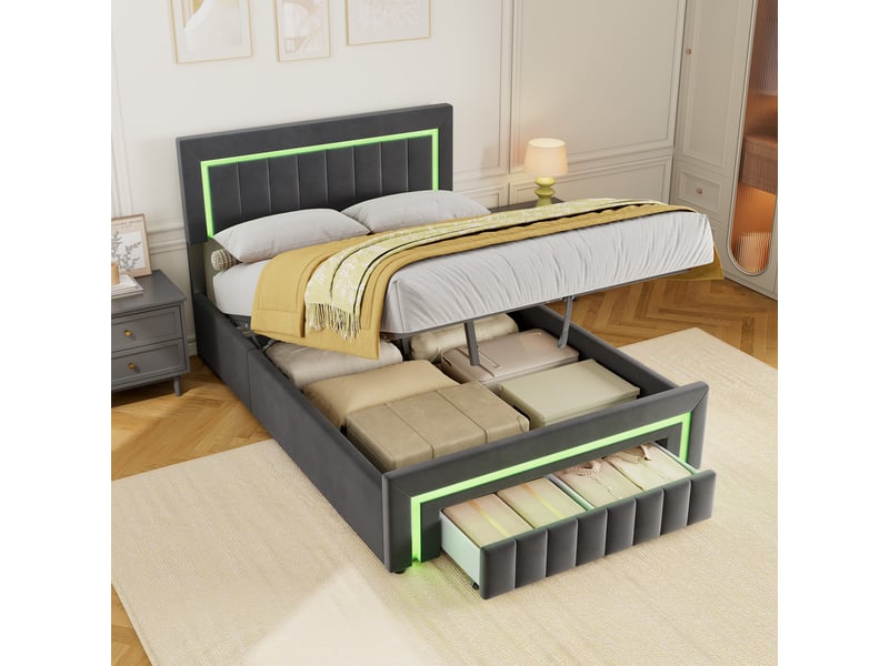 Lit double 140x190 cm avec rangement, tiroir et led blanc chaud gris homvra  - Conforama C