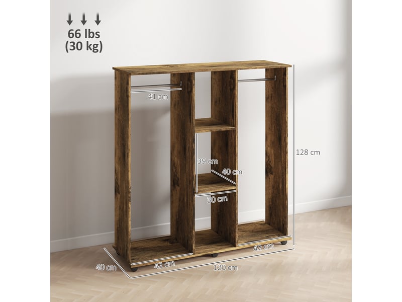  Armoire penderie meuble de rangement mobile 6 roulettes 120 x 40 x 128 cm en bois marron  - Conforama D