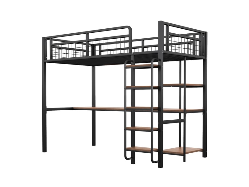  Lit mezzanine enfant 90x200 cm avec table, étagère, garde-corps, escalier, sommier, métal noir, sans matelas  - Conforama R