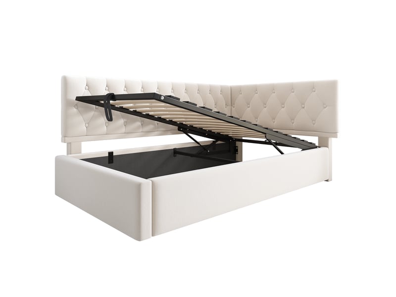  Lit coffre enfant 90x200 cm avec rangement et tête réversible, velours, beige, sans matelas  - Conforama R