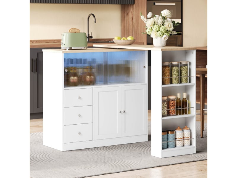  Îlot de cuisine plateau extensible avec 3 tiroirs et 4 portes 172x40x96 cm, roulettes verrouillables, pivotant en mdf couleur blanc  - Conforama B