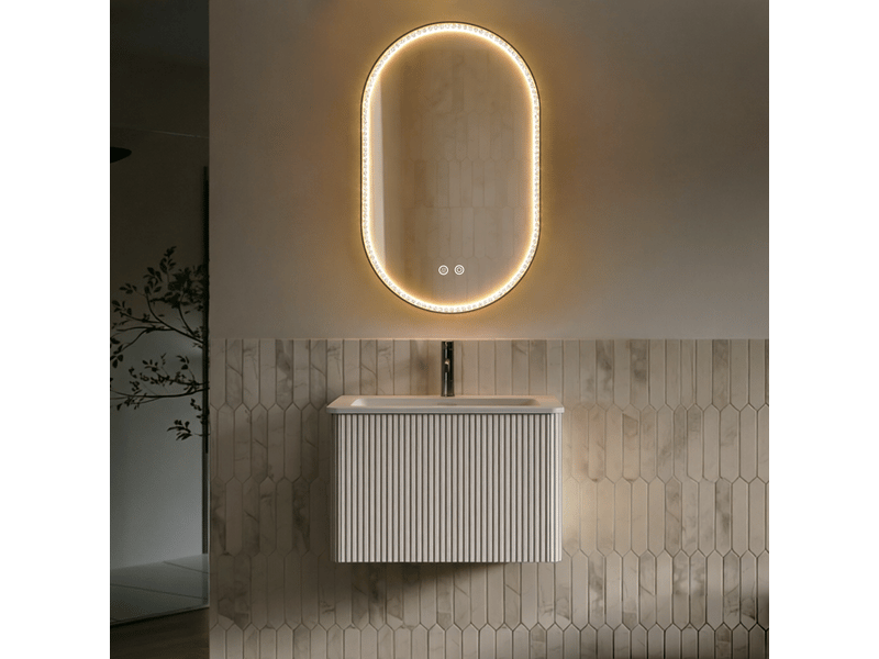 Ensemble meuble salle de bain avec miroir led - meuble vasque suspendu 60 cm, miroir ovale anti-buée - Conforama W