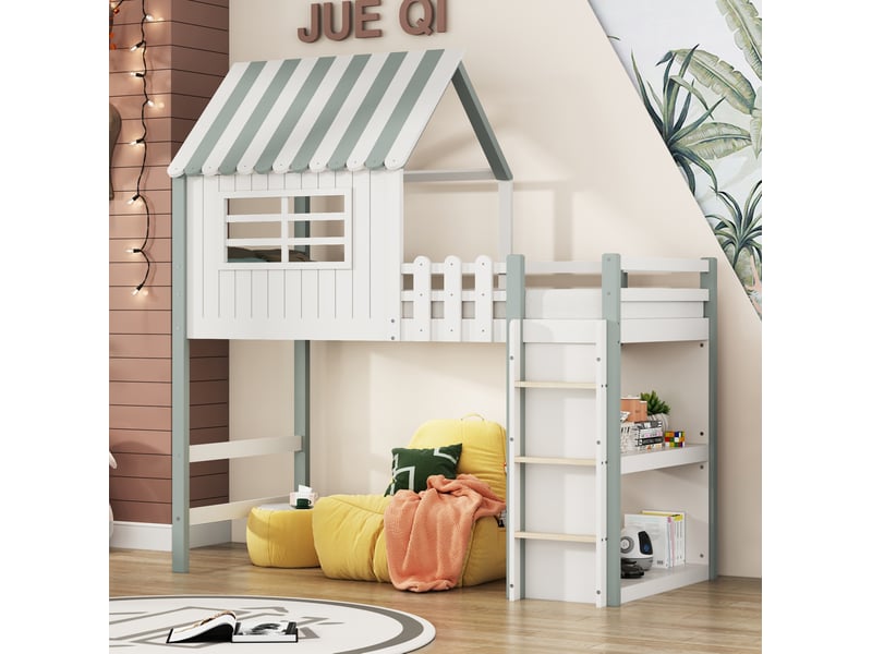 Lit mezzanine enfant 90x200 cm – vert – forme maison, échelle de sécurité et 25 lattes, sans matelas - Conforama B