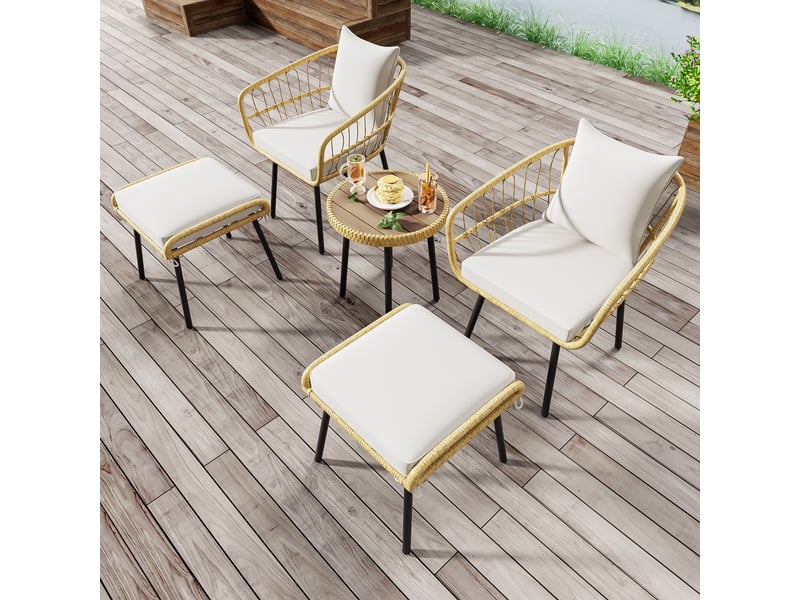 Salon de jardin,5 pièces avec coussins,rotin,blanc et naturel - Conforama E