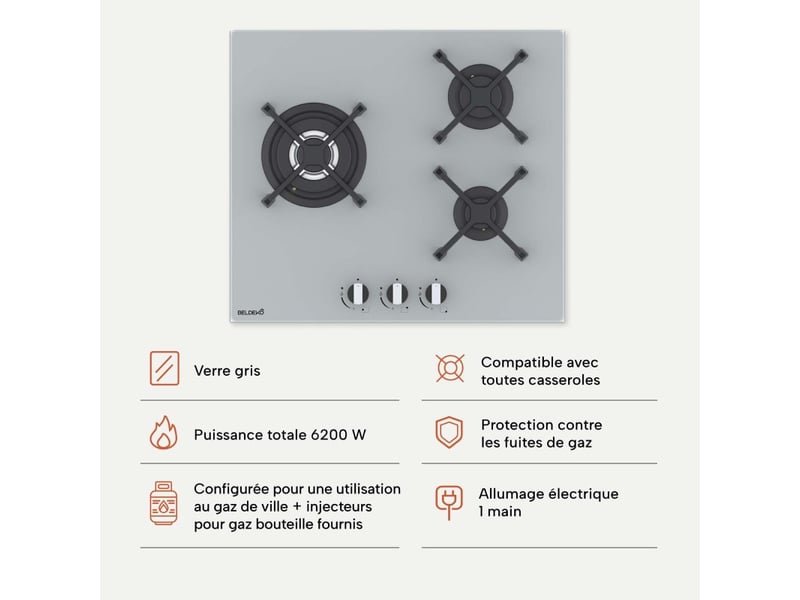Beldeko plaque de cuisson gaz 3 feux 6200 w - verre gris - brûleur double couronne - grilles en fonte - marque française - Conforama E