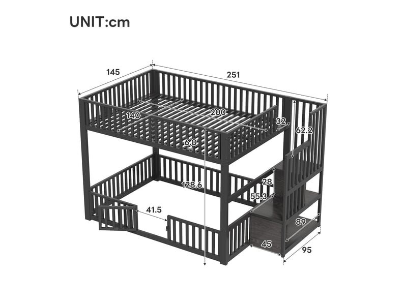 Lit superposé bas enfant 140 x 200 cm avec escalier rangement et led, métal, noir IKSETERA TRADING LTD - Conforama C