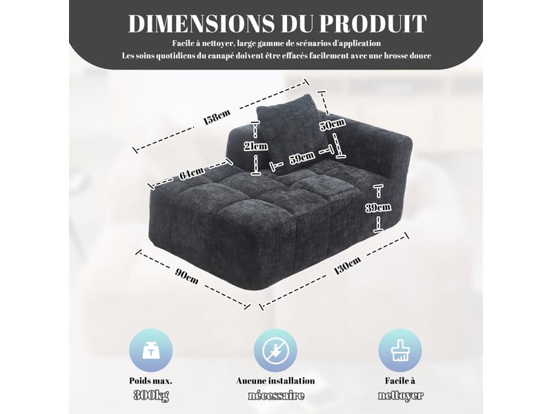  Méridienne fixe en chenille noire 158x90x60 cm avec coussin et poches latérales, sans montage, salon chambre 158x90x60cm - Conforama C